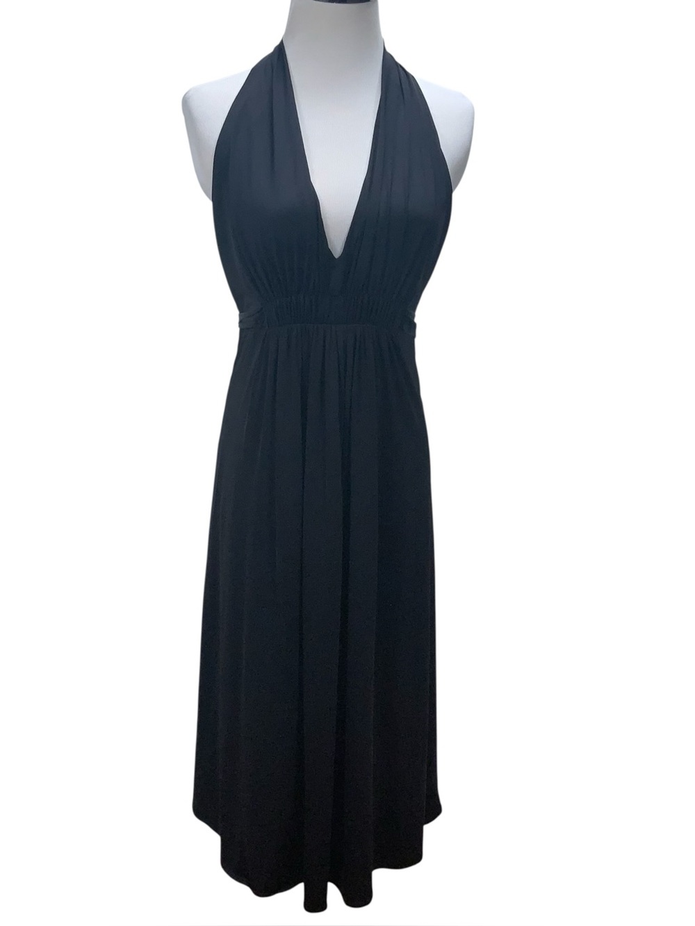 BCBGMAXAZRIA Vintage Black Halter Backless Stretch Knit Maxi Dress Size S BCBG